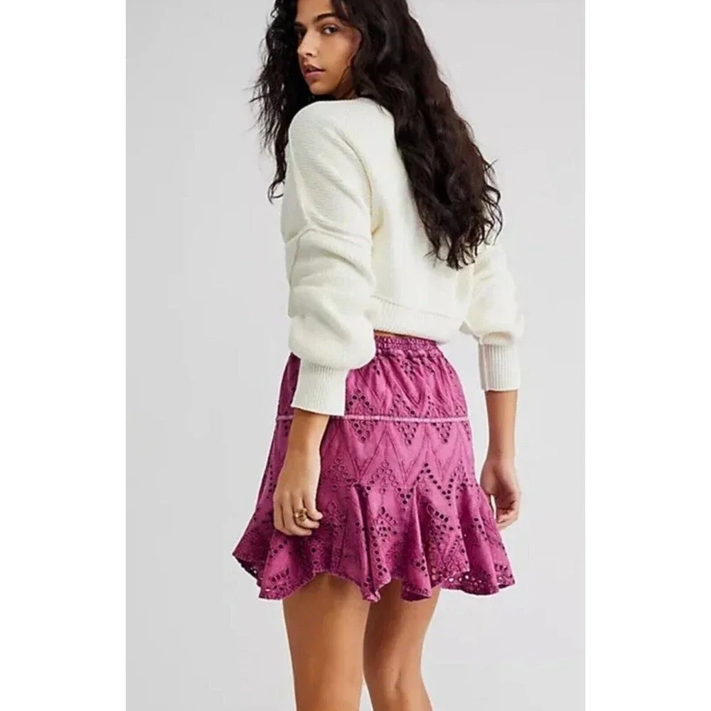 Free People Women Serenity Eyelet Mini City Skort in Pink Rose Size XS NWT